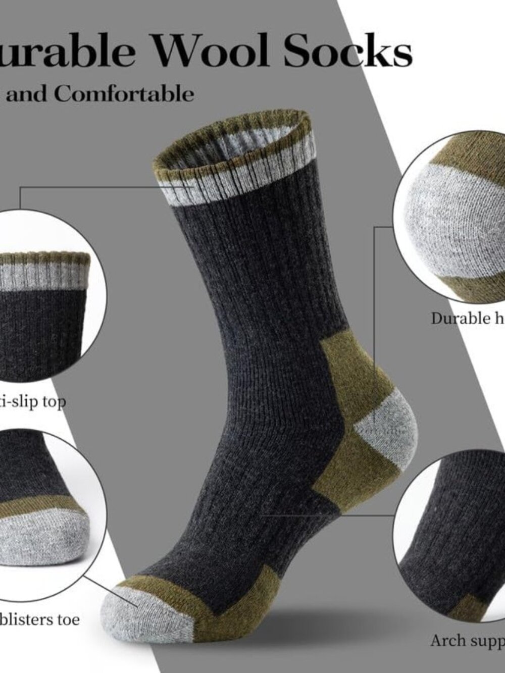 Merino Wool Hiking Socks for Men - 5 Pairs Thick, Warm, Thermal Winter Crew Sock - Picture 4 of 6